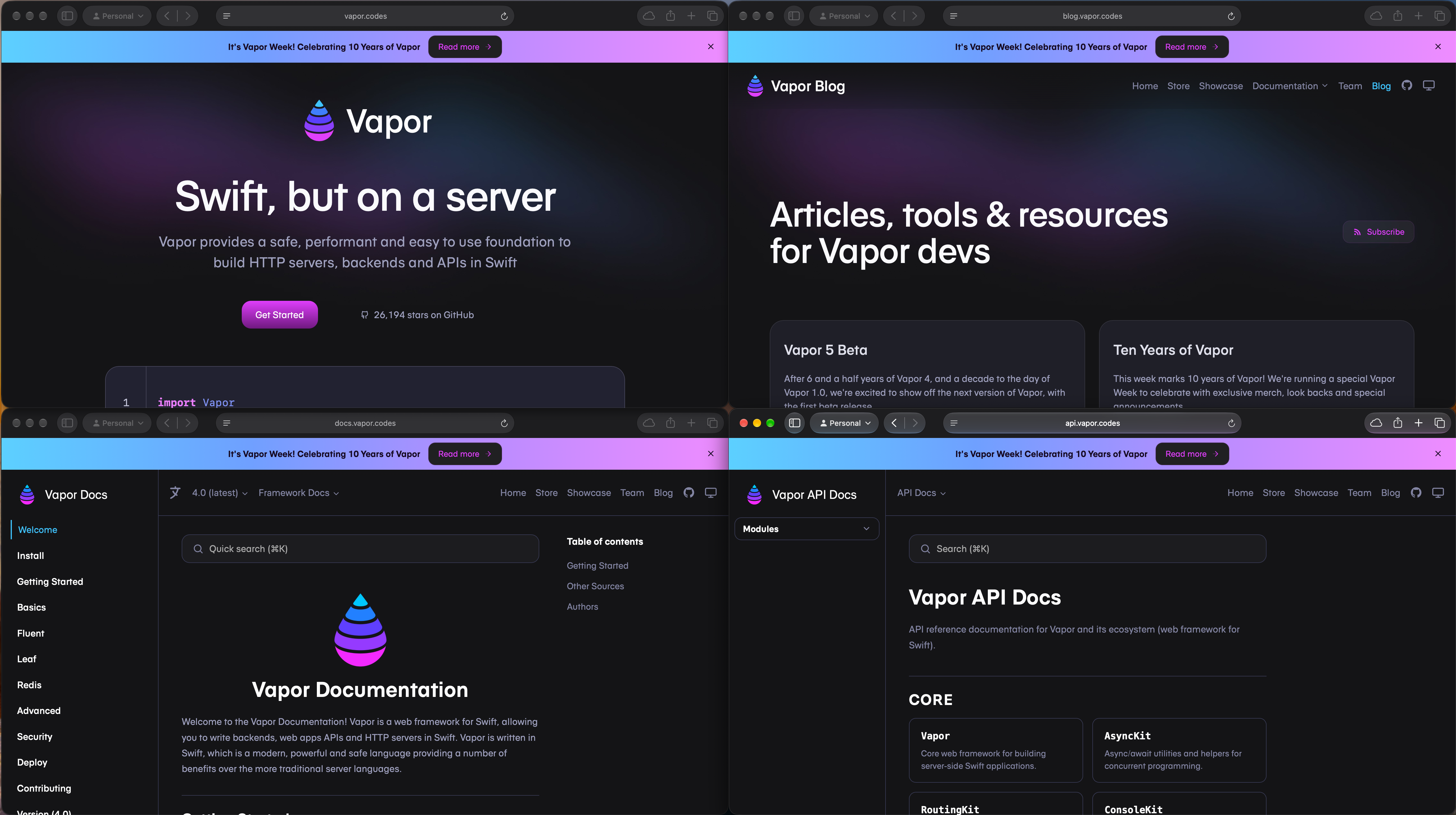 A screenshot showing all of Vapor’s new sites