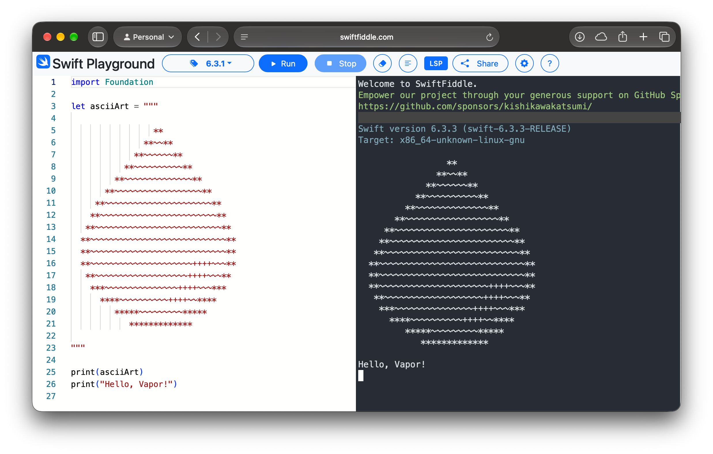 A demo of SwiftFiddle.com showing the Vapor logo