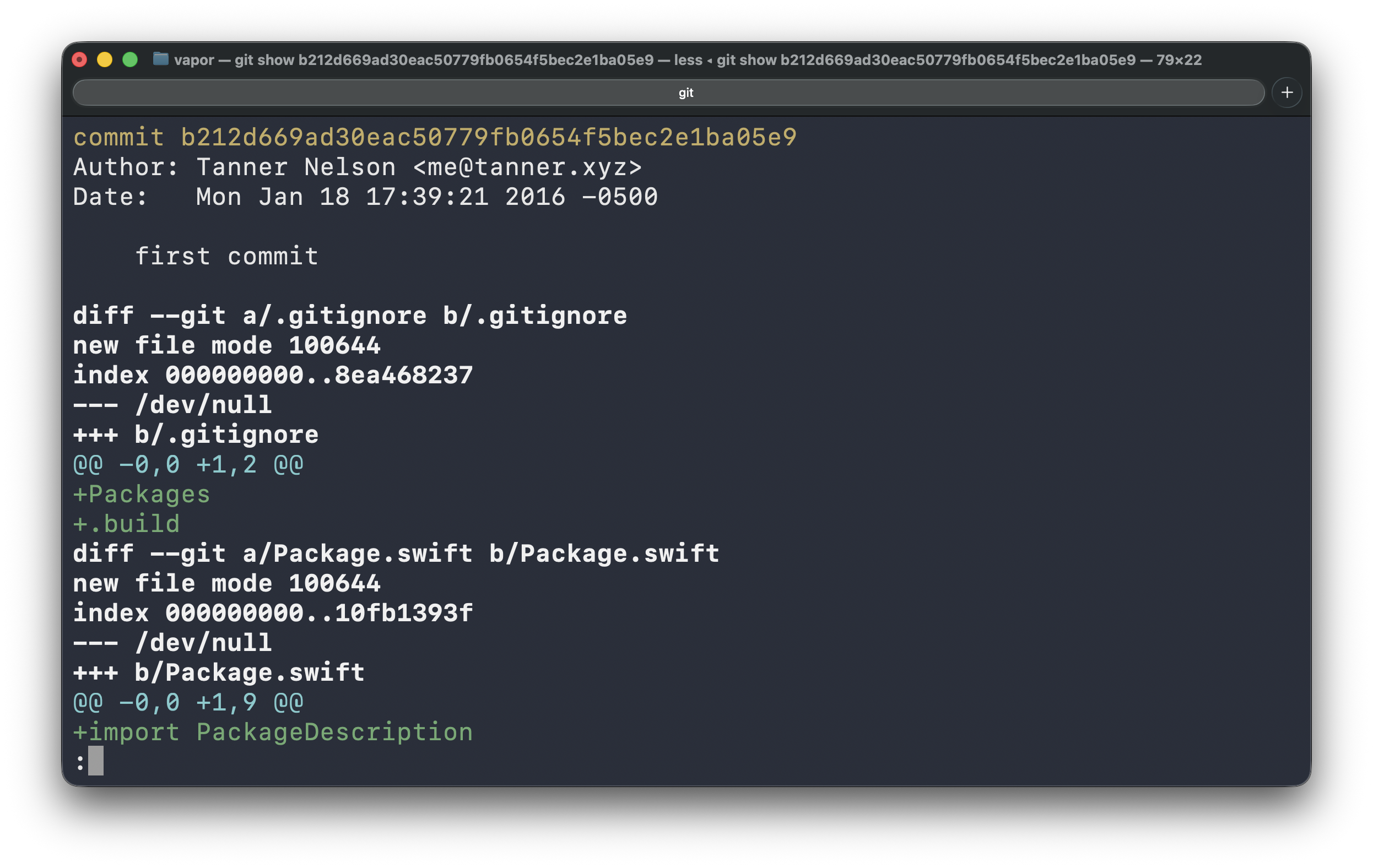 Vapor’s First Commit in the Git log